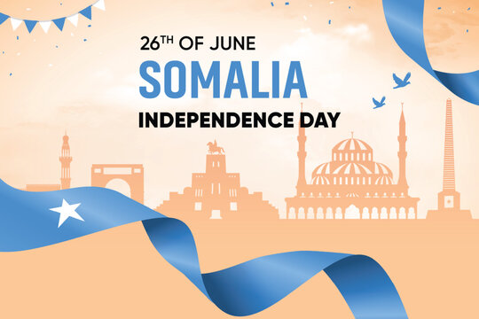Somalia Flag Waving On Skyline Background. Independence Day Concept Design Vector Illustration.