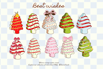 Christmas tree cake, Groovy Christmas clipart, Christmas retro Clipart Gift bow clipart Decoration Christmas gift, Merry cute, Xmas, y2k, Christmas aesthetic, gingerbread, cake, flat, sale, candy cane