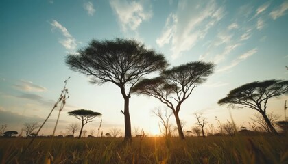 Obraz premium Beautiful Savanna Trees Silhouetted Against a Vibrant Sunset