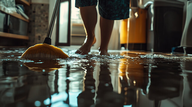 Flooded floor being cleaned with a mop at home