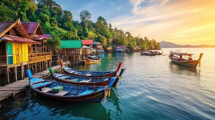Serene Coastal Village with Fishing Boats at Sunset