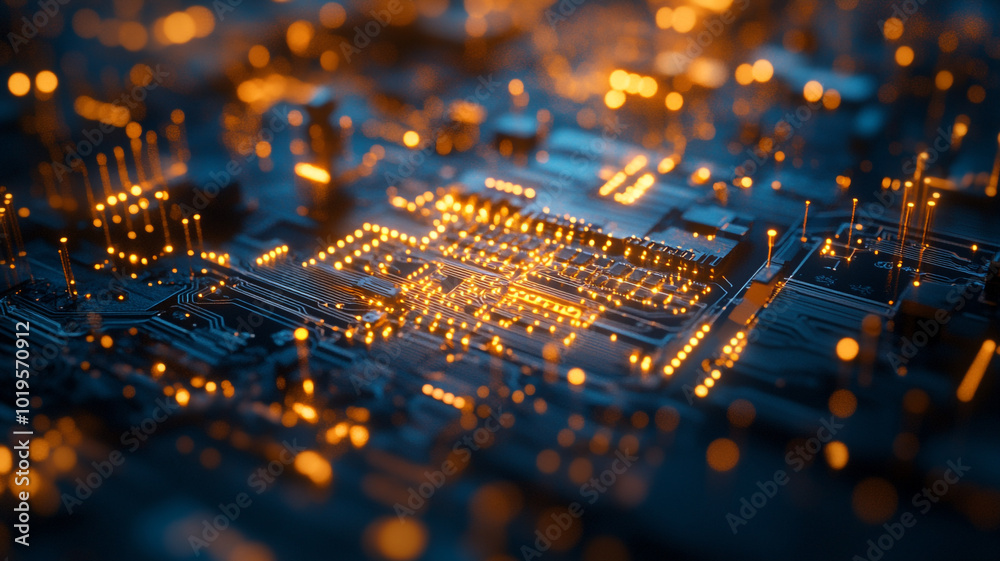 Poster a close-up view of a glowing microchip circuit board illuminated in an abstract electronic setting