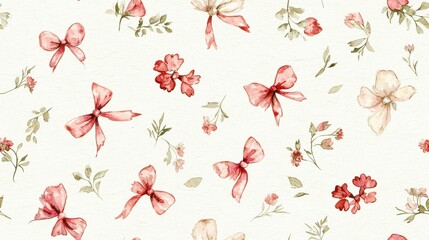 Fototapeta premium Minimalist Watercolor Floral Pattern with Bows