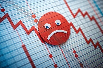 Sad face on chart with downward trend symbolizing financial loss in business recession