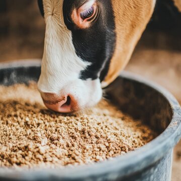 A close-up of a cow eating from a feed trough.