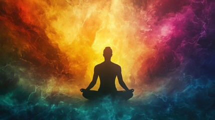 Obraz premium Silhouette of a person meditating in a colorful, mystical background.