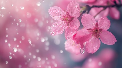 Delicate Pink Blossoms with Water Drops in Spring Light