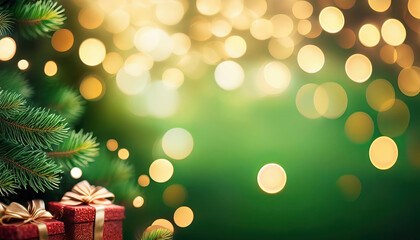 Christmas background with Christmas pine tree on the side with bokeh light on the background and empty copy space for text.