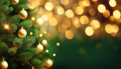 Christmas background with Christmas pine tree on the side with bokeh light on the background and empty copy space for text.