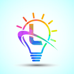 Fototapeta premium English alphabet L with light bulb and swoosh. Electric bulb logo template. Low poly electricity logo