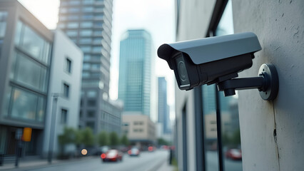 close-up of a security camera on the wall of a modern business bulding on the street