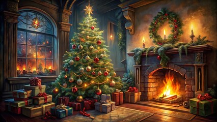 beautifully decorated Christmas tree stands beside cozy fireplace, surrounded by colorful presents. warm glow of fire and festive decorations create joyful holiday atmosphere