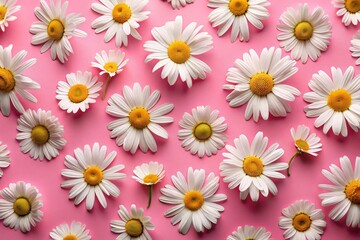 Bright white daisies on vibrant pink background create cheerful and lively atmosphere, perfect for spring or summer themes. arrangement showcases beauty of nature