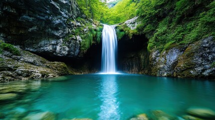 Fototapeta premium Serene Waterfall Surrounded by Lush Greenery
