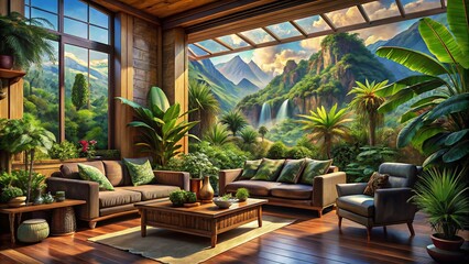 serene living room filled with lush tropical plants, featuring large windows that showcase breathtaking mountain view. warm wooden decor creates cozy atmosphere, inviting relaxation