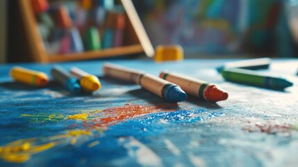 Fototapeta premium Close-up of colorful crayons, scattered on the child's study table with unique colors and shapes, symbolizing creativity in drawing or painting