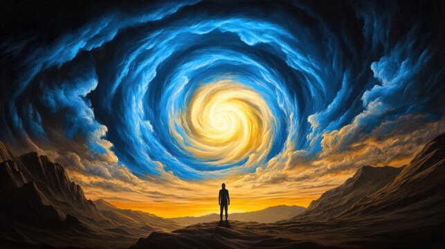 Cosmic Swirl Above Solitary Figure in Landscape