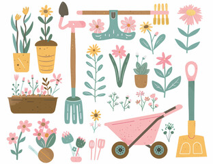 Gardening Illustration with Tools and Flowers 
