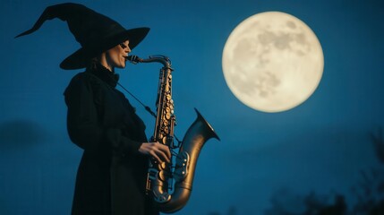 Naklejka premium A saxophonist dressed as a witch performing under the full moon at Montreal Jazz Festival close up - Enchanting melodies in the moonlight - whimsical - Composite - Night sky backdr