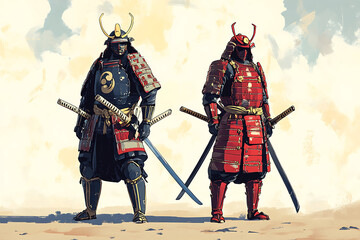Obraz premium Two armored samurai stand side by side, showcasing traditional attire and weapons.