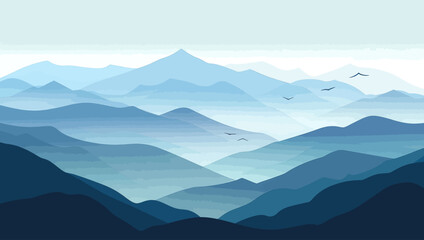 Naklejka premium Blue Mountains with Birds Flying 