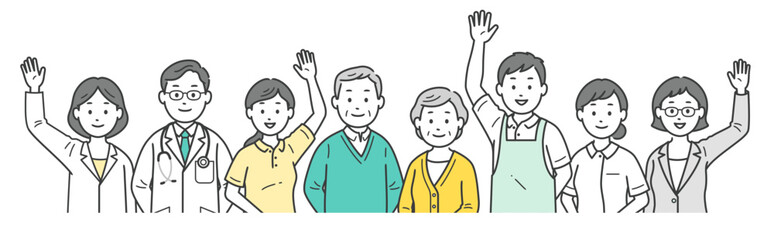 高齢者夫婦と社会福祉を支える医師と看護師と介護士とケアマネージャーと栄養士が集合した上半身イラスト