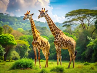 Fototapeta premium Giraffes standing gracefully in lush green landscape, showcasing their long necks and unique patterns. serene environment adds to beauty of these majestic animals