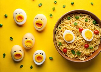Fototapeta premium Delightful noodles and eggs create playful scene on vibrant yellow background, featuring smiling eggs and bowl of spaghetti with cheerful garnishes