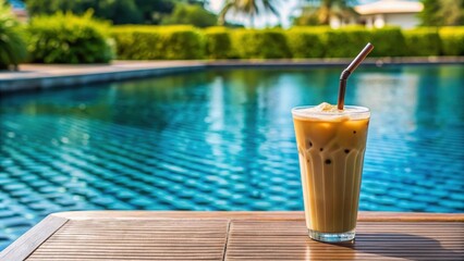 Iced coffee by a poolside , Refreshing, summertime, relaxation, vacation, cold drink, beverages, coffee, pool, sunny day