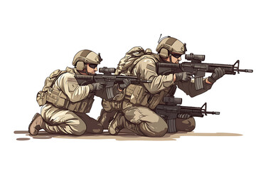 Two soldiers in tactical gear aiming rifles, showcasing military readiness and teamwork.