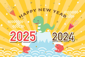 2025年巳年　2025年へジャンプするへびの年賀状テンプレート