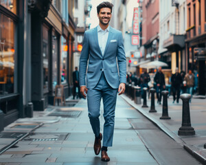 Obraz premium Confident Businessman in Blue Suit Walking in Urban City Street - Professional Lifestyle and Urban Environment Photograph
