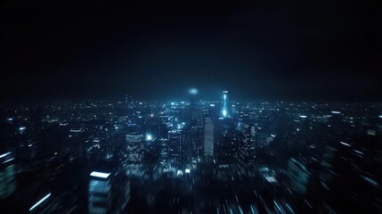 Fototapeta premium The blurred city lights above create a stunning aesthetic atmosphere at night with tall buildings. Cinematic background, view of the city's glittering life, city skyline