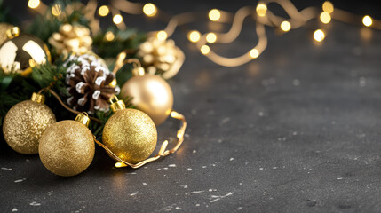 Fototapeta premium Festive background of green branch of Christmas tree with golden balls on the background of twinkling lights with bokeh effect.New Year card with the feeling of Christmas joy, warmth and magic