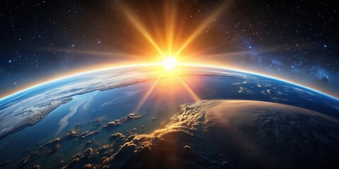 Cinematic view of Earth's sunrise from space , planet, Earth, sunrise, rotation, night side, illuminated, daylight side