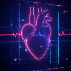 Neon heart illustration with digital elements and heartbeat graph.