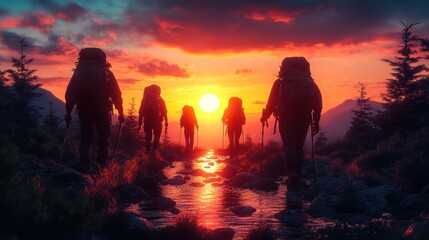 Hikers at Sunset in Mountains