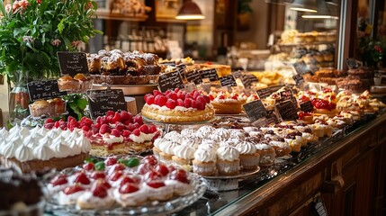 Italian Bakery counter Window of desserts at a pastry shop Fresh and tasty products : Generative AI