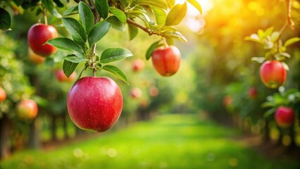 Forbidden fruit hanging from tree in lush garden, temptation, apple, paradise, orchard, Eden, sin, temptation, desire