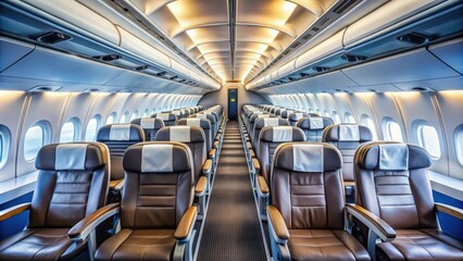 Fototapeta premium Empty airplane cabin with rows of seats, overhead compartments, and window views, airplane, cabin, seats, interior