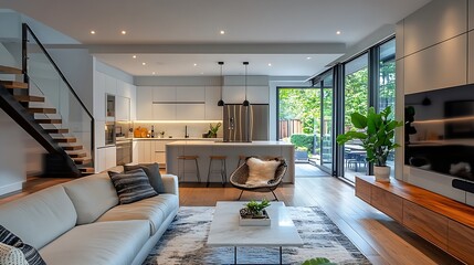 Modern interior design featuring an open concept kitchen and cozy living room : Generative AI