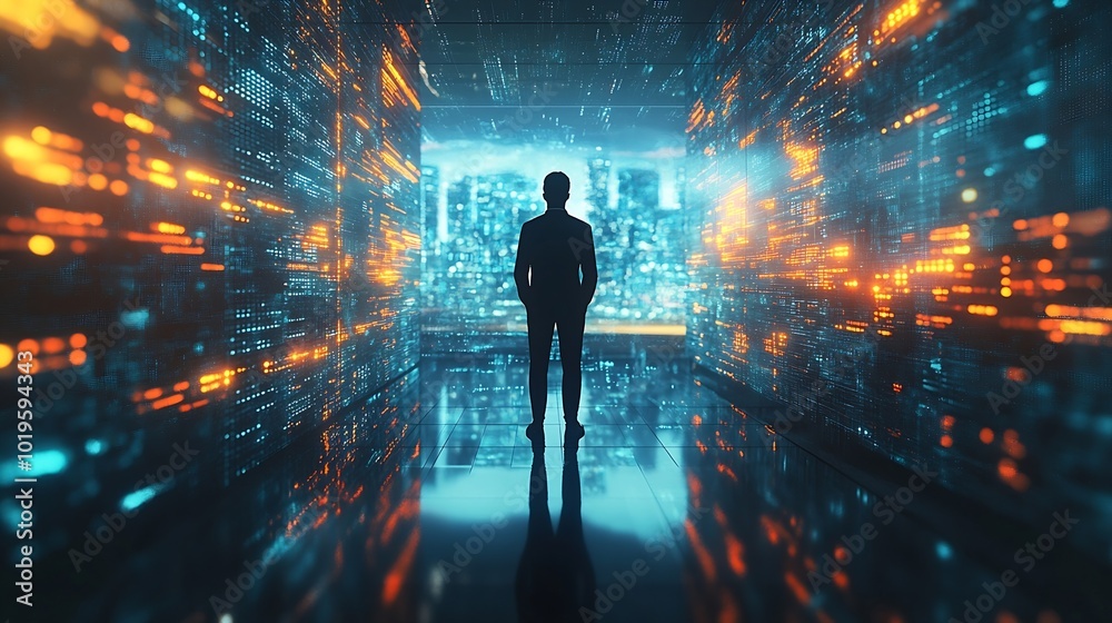 Poster Futuristic business digital financial data technology concept for future big data analytic and business intelligence research for businessman analyst invest decisions making panoramic  : Generative AI