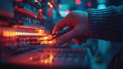 Close-Up of Hand Working with Advanced Server Technology in Data Center Setting
