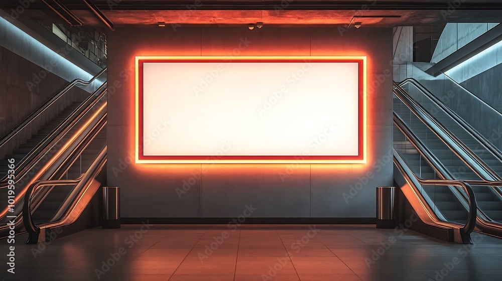 Aufkleber mock up horizontal large billboard on the wall near escalator in shopping mall four lamps hanging on