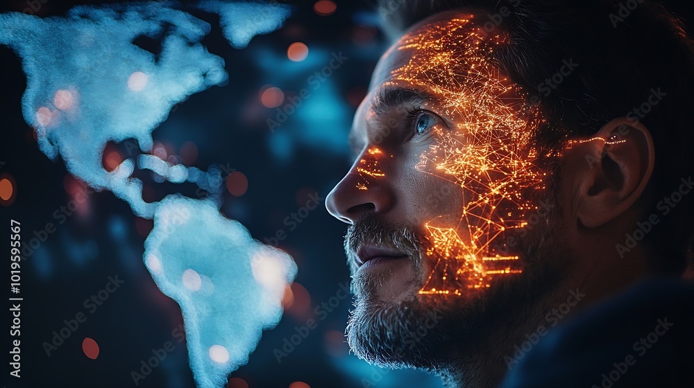 Poster Tech driven Global Business Businessman embraces technology as he analyzes big data for business intelligence composition of world map digital links emphasizes interconnectedness of gl : Generative AI