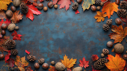 Vibrant Fall Leaves, Nuts, and Pine Cones Forming a Corner Border on Rustic Background