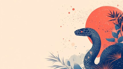 Fototapeta premium Abstract Serpent and Sun: Vibrant Nature Illustration with Retro Elements