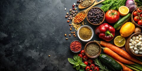 Dash flexitarian mediterranean diet ingredients on a dark background , healthy, vegetarian, Mediterranean, fresh