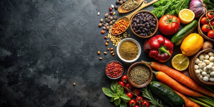 Dash flexitarian mediterranean diet ingredients on a dark background , healthy, vegetarian, Mediterranean, fresh - Powered by Adobe