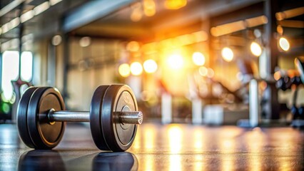 Fototapeta premium Dumbbell on gym floor with blurred equipment in background under warm lighting, exercise, fitness, gym, weight, workout